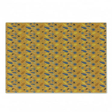 Orange and Yellow Cutting Board, Tropical Pattern of Jungle Leaves and Toucan Birds Repetition, Decorative Tempered Glass Cutting and Serving Board, in 3 Sizes, by Ambesonne