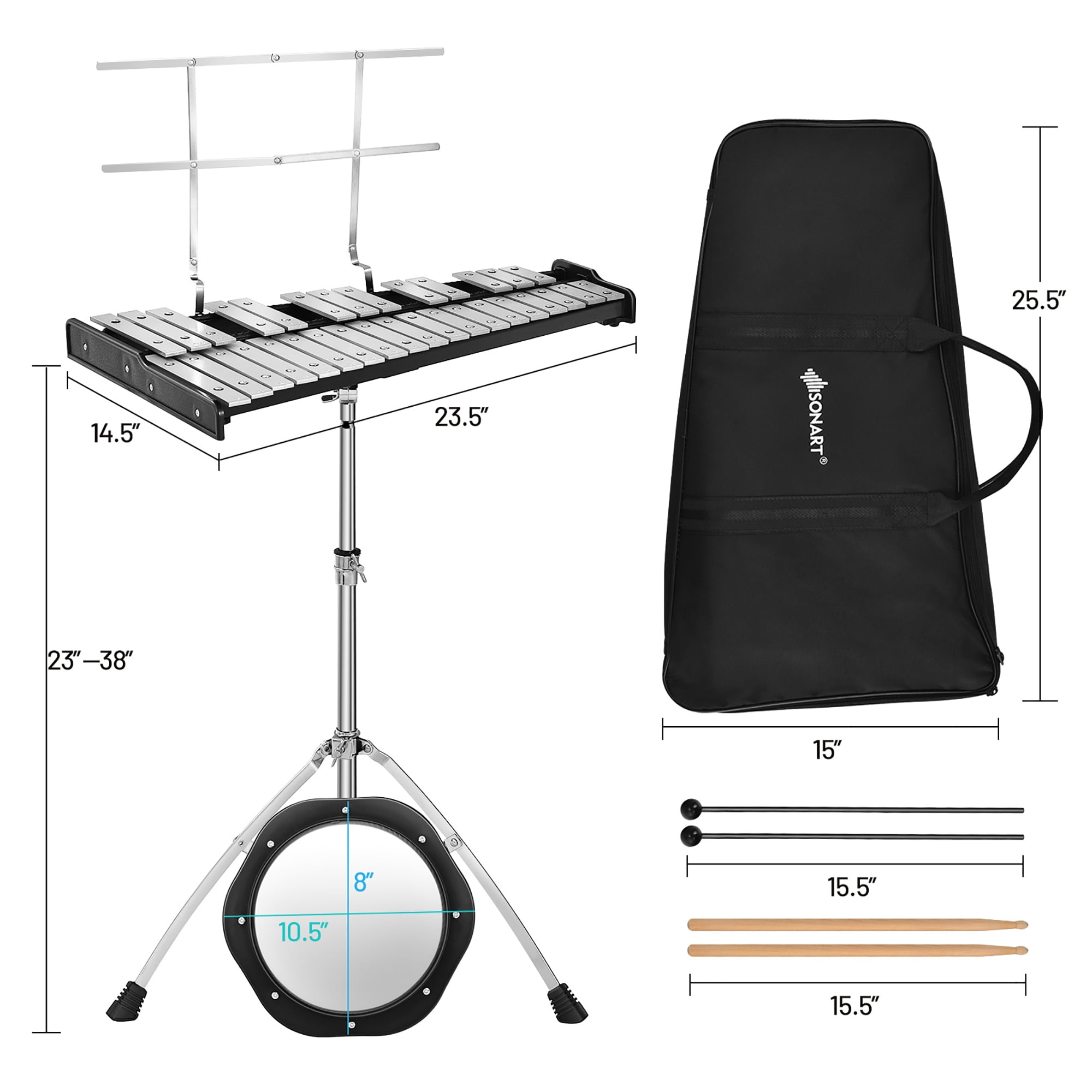 Sonart Full Size 32 Note Glockenspiel Xylophone Percussion Bell Kit with Adjustable Stand Walmart