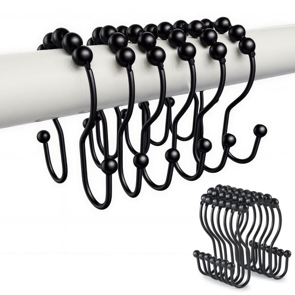 Shower Curtain Hooks, 12 Pcs Shower Curtain Rings, Stainless Steel Black Shower Curtain Hooks, Shower Curtain Rings Rust Proof, Smooth Sliding Anti-Drop Double Shower Rings for Curtain (Black)