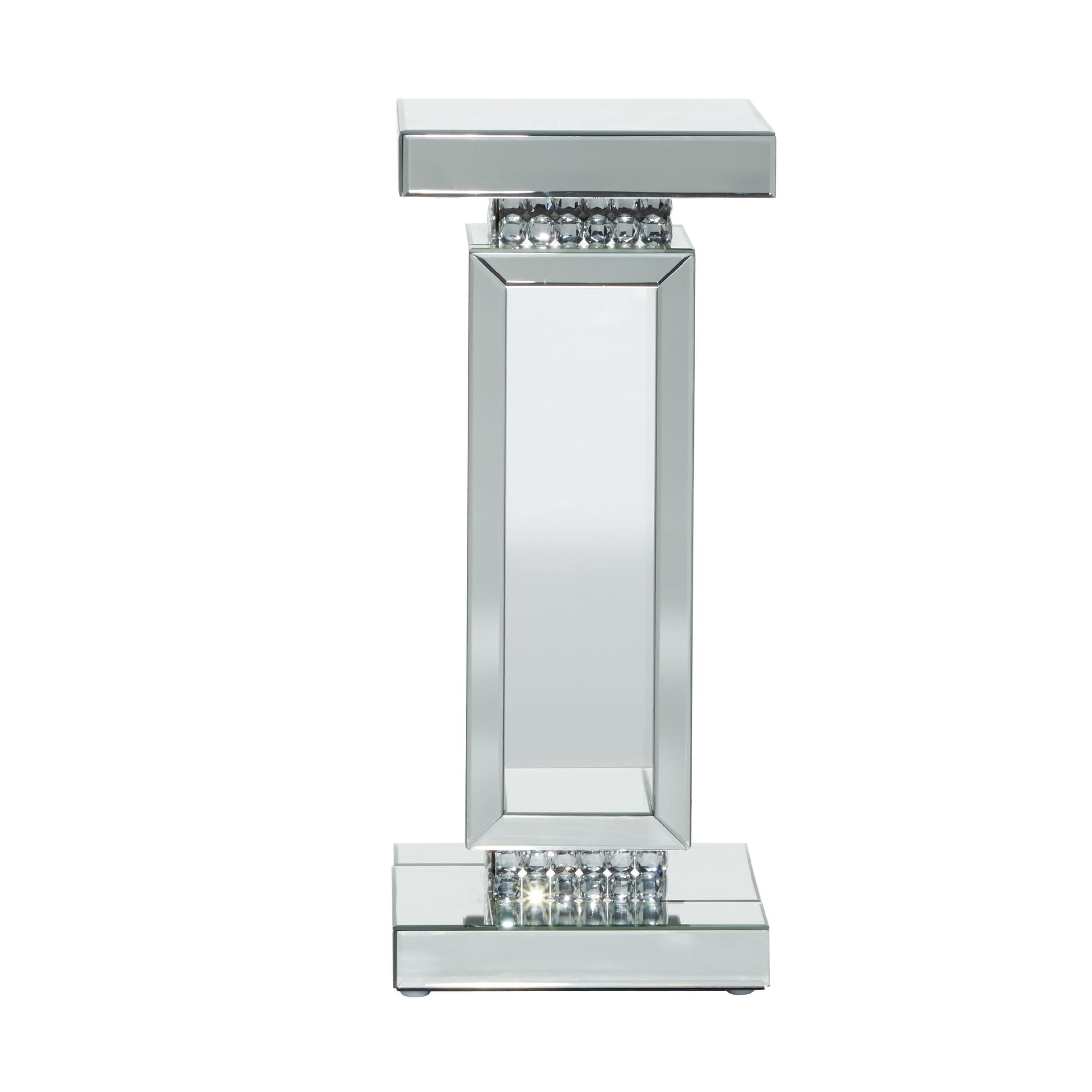 DecMode 12" x 28" Silver Glass Cutout Mirrored Pedestal Table with Beaded Crystal Accents, 1-Piece