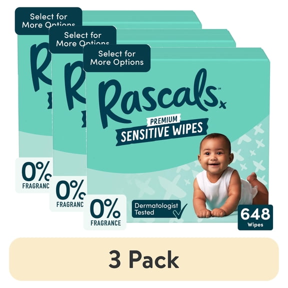 (3 pack) Rascals Premium Sensitive Alcohol Free Baby Wipes, 648 Count