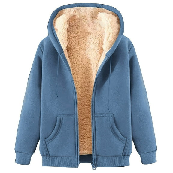 Women's Fleece Hoodies Zip Up Coats Sherpa Lined Hoodie Hooded Sweatshirts Coat Winter Warm Jackets with Pockets Casual Tops Solid Blouses