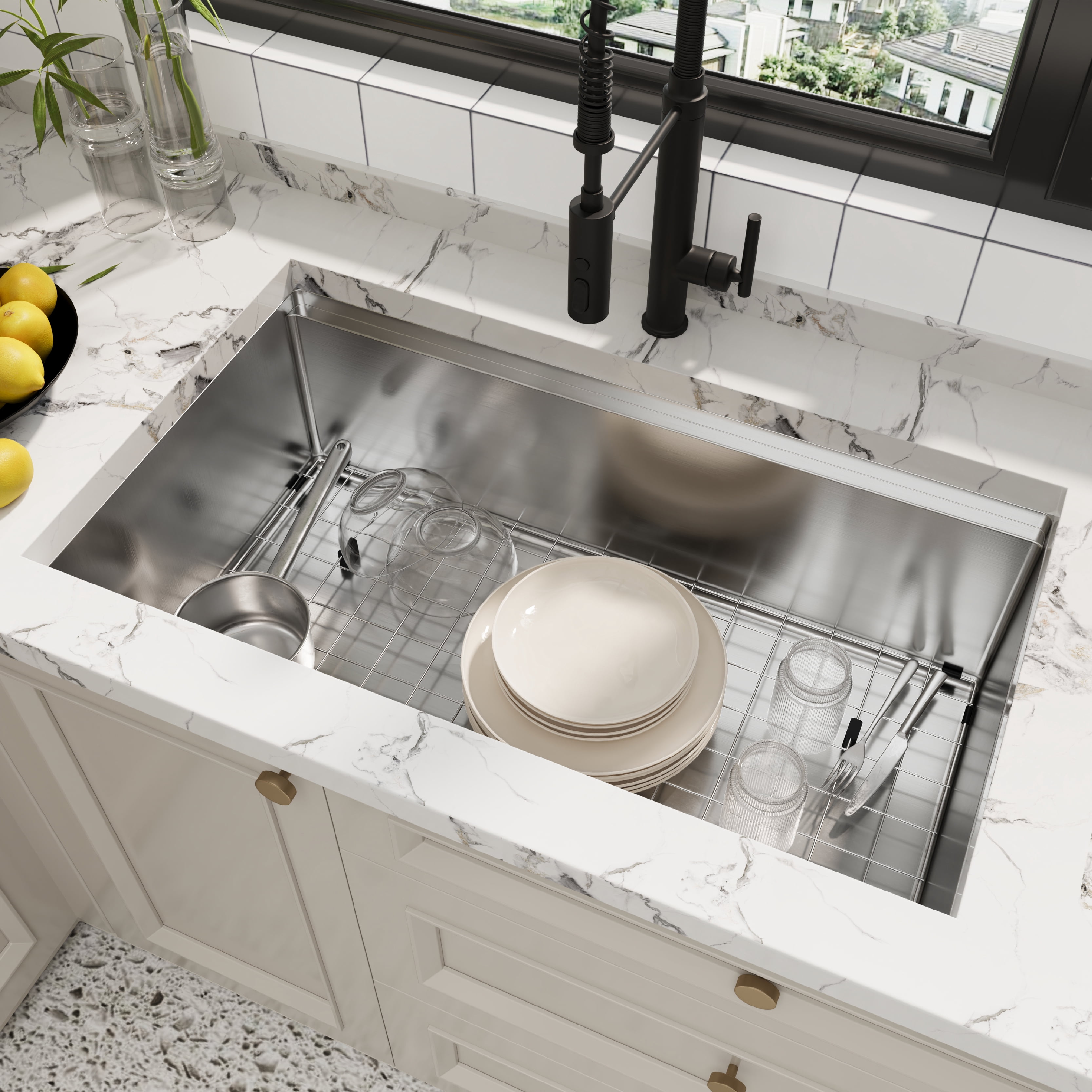 36x19 Inch Undermount Kitchen Sink, Single Bowl with Drainboard Design, 16 Gauge 304 Stainless Steel Construction, 10 Inch Deep, Includes Bottom Grid and Drain Assembly