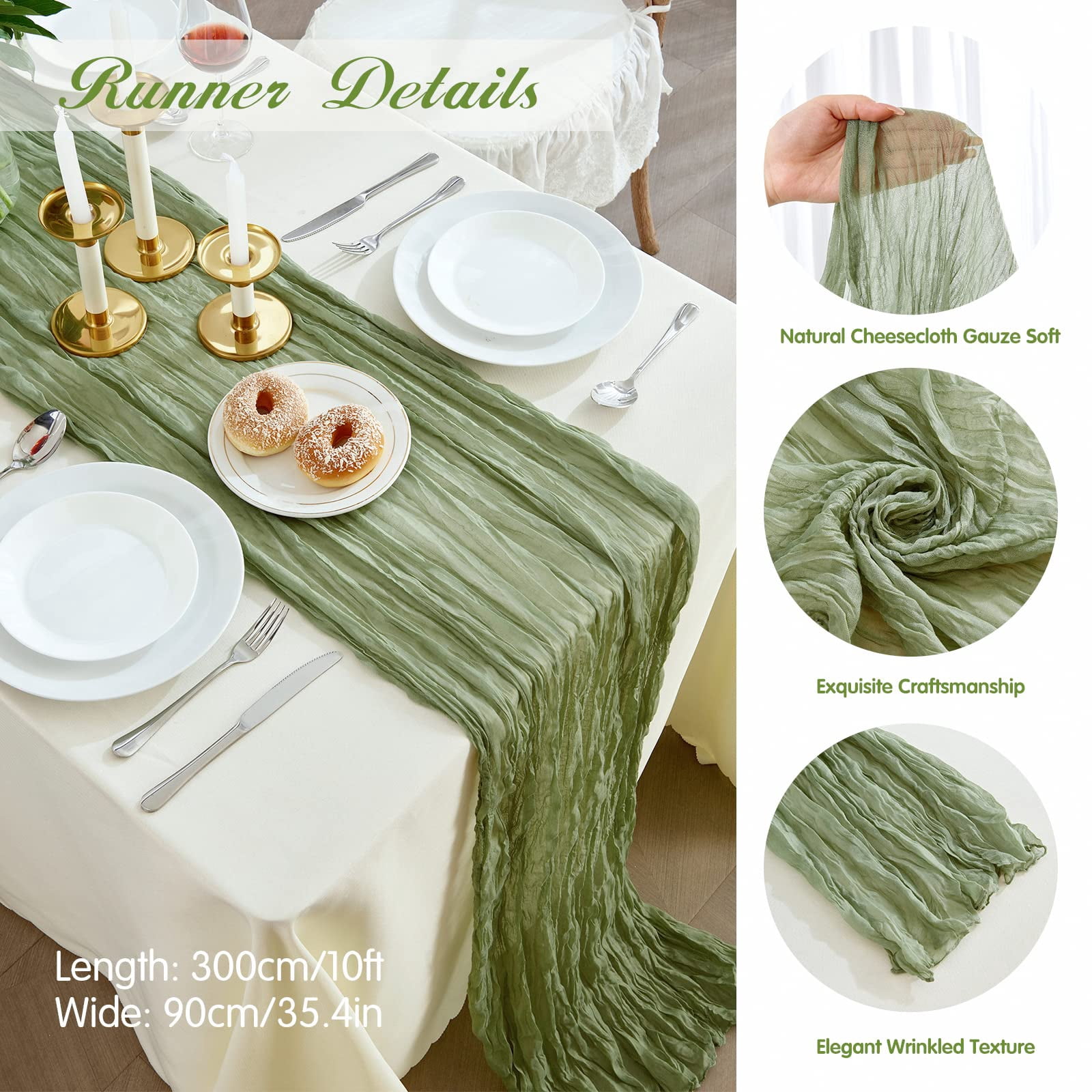 6 Pack Sage Green Cheesecloth Table Runners 10ft Wide Gauze Boho for Bridal Shower Wedding Table Decorations