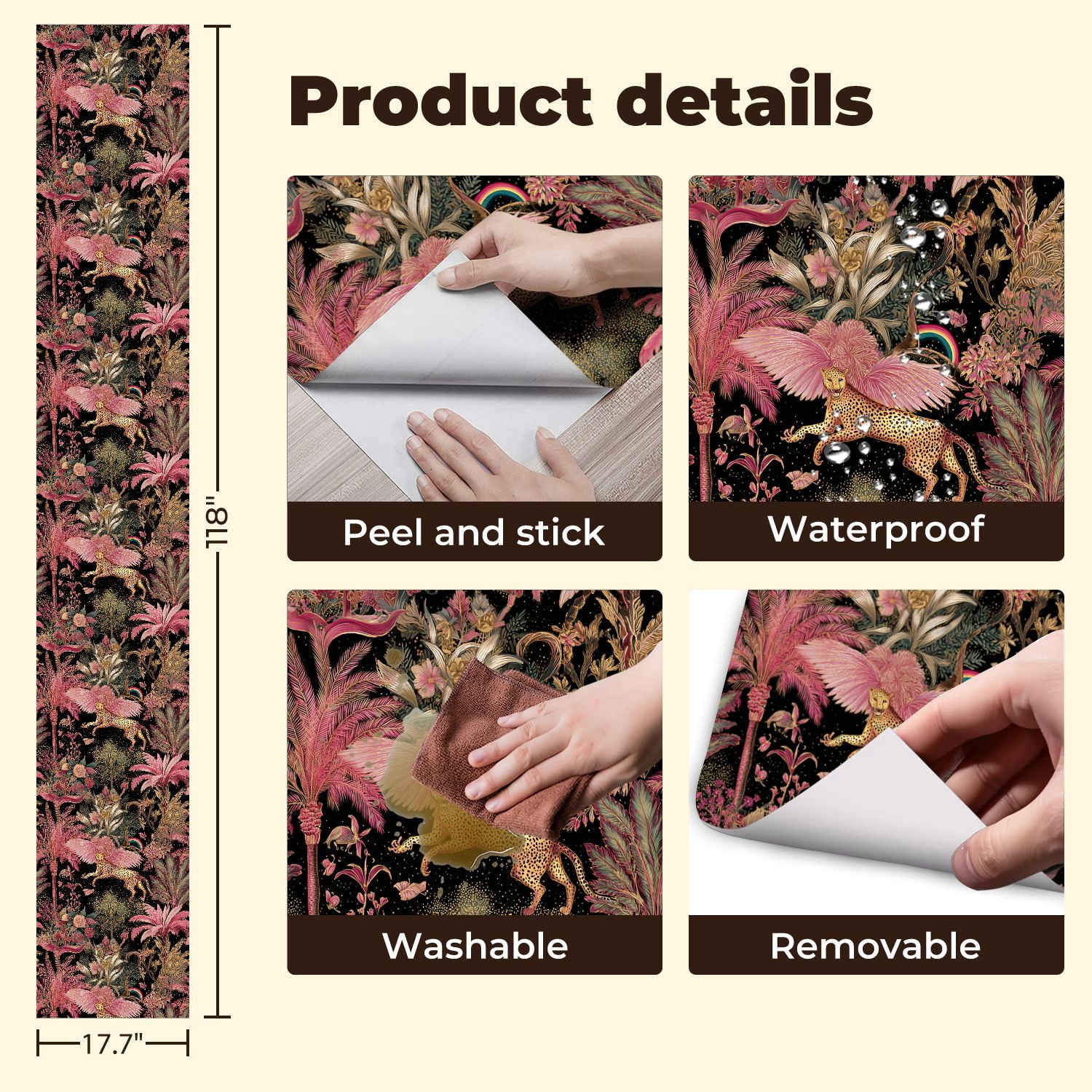 Peel and Stick Wallpaper Leopard Pink Wings Among Tropical Plants Vibrant Wall Mural 17.7in x 9.8ft Self Adhesive Removable Wall Paper Renter Friendly Wallpaper for Nursery Bedroom Cabinets