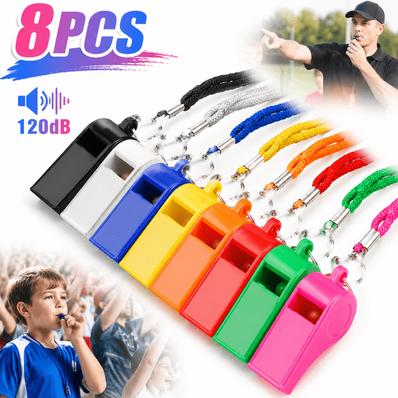 Emlimny 8 Pcs Whistle for Coaches, Loud 120dB Safety Whistles with Lanyard Plastic Whistles Emergency Training, Super Loud Sports Whistle, Coaches Referee Whistle with Lanyard for Football Sports
