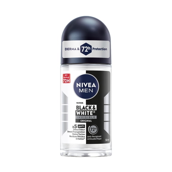 NIVEA MEN Black & White Invisible Roll-On 72-Hr Antiperspirant Deodorant, Original, 50mL