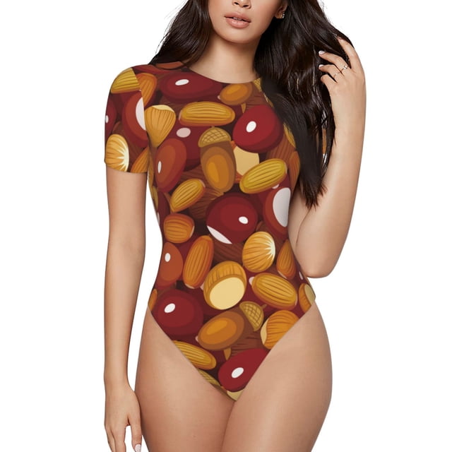 Fotbe Almond Nuts Body de Mujer con Cuello Redondo y Mangas Cortas, Sin Mangas Ajustado, Suave, Cómodo y Básico-Small