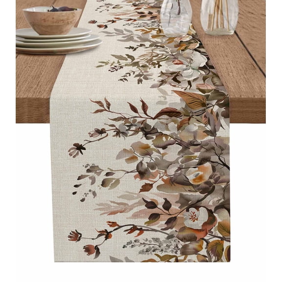 Vintage Leaves Burlap Cotton Table Runner 13x36 Inches Short, Farmhouse Botanical Floral Burlap Farmhouse Table Runners, Outdoor Dining Tablecloths Decor for Baby Shower/Party/Wedding
