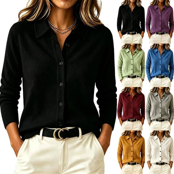 Sweater Jacket for Women Button Down Collar Knit Shirt Long Sleeve Soft Solid Color Casual Work Office Knit Blouse