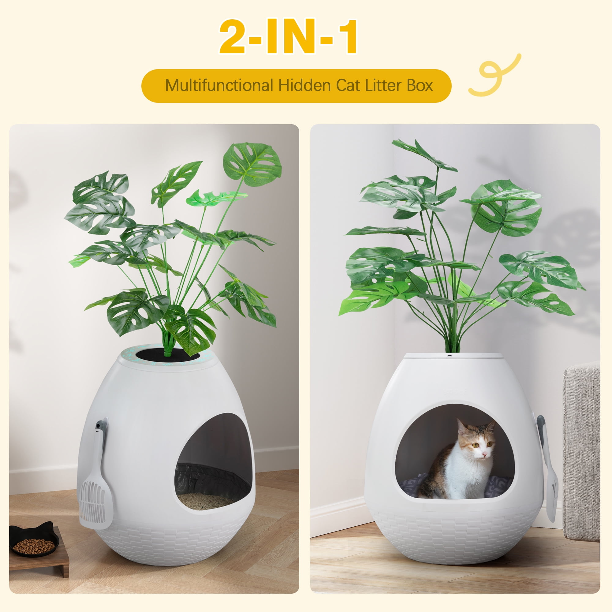 Jaxpety Smart Plant Litter Box,Cat Hidden Litter Box with Deodorization System, Exhaust Fan,Light, Scoop, Artificial Plants for Apartments and Offices Living Room Bedroom,White