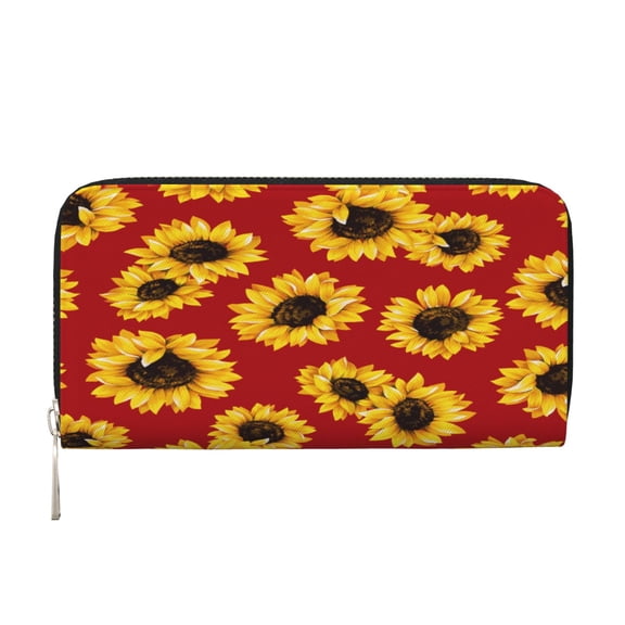 Leather Zipper Pocket Hand Wallet For Women And Men Travel Leather Purse Large Capacity Credit Card Holder Yellow Sunflower Pattern