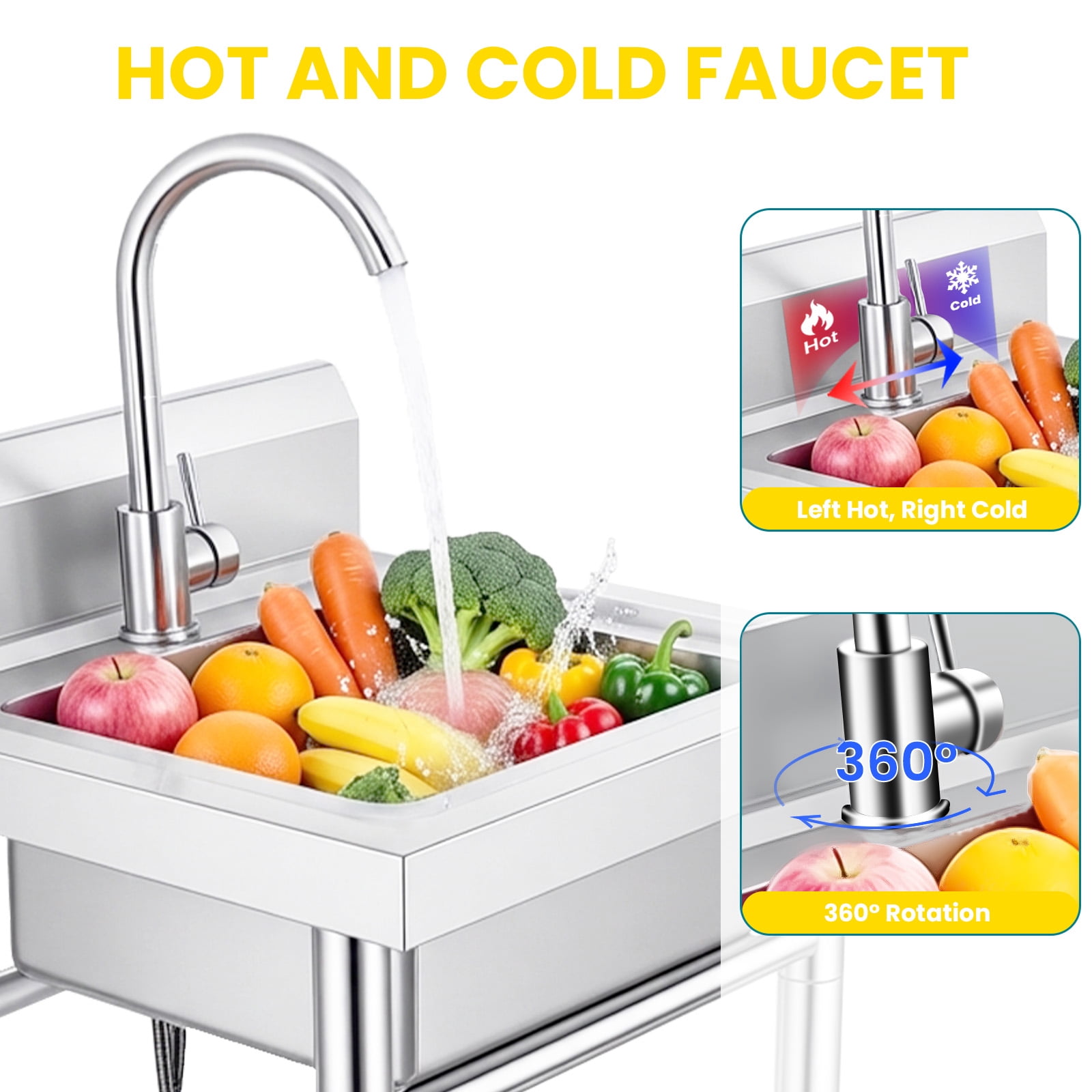 Stainless Steel Silver Freestanding Laundry Sink, Single Bowl Utility Sink with Drain Strainer & Shelf, 360° Rotation Faucet for Indoor Outdoor Use