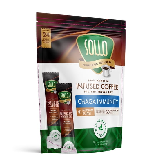Sollo Instant Mushroom Coffee Packets, for Memory & Clarity Support, w/Chaga, , Medium Roast, 100% Arabica & Freeze Dried Coffee in Single Serve Sticks, 24 Ct