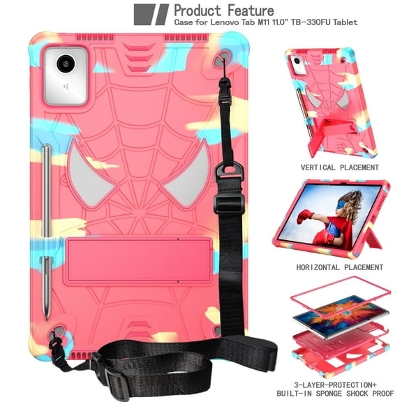 TECH CIRCLE Hard Case for Lenovo Tab M11 Tablet 11" 2024 (Model TB-330FU), Cool Spider Cartoon Cute Case with Folded Stand & Shoulder Strap, Sturdy Shockproof Rugged Cover for Kids Adult, Rainbow Red