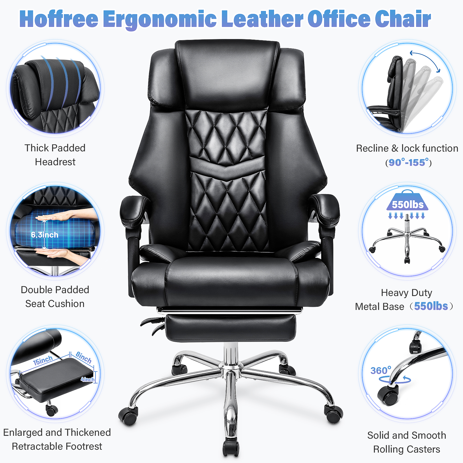 Hoffree Executive Office Chair Big and Tall Office Chair 550lb Wide Seat Ergonomic Computer Desk Chair High Back Leather Chair with Lumbar Back Support for Home Office Black - image 3 of 9