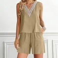 thumbnail image 2 of Womens 2 Piece Cotton Linen Outfits Casual V Neck Lace Trim Sleeveless Tank Tops and Wide Leg Shorts Lounge Sets Khaki, 2 of 6