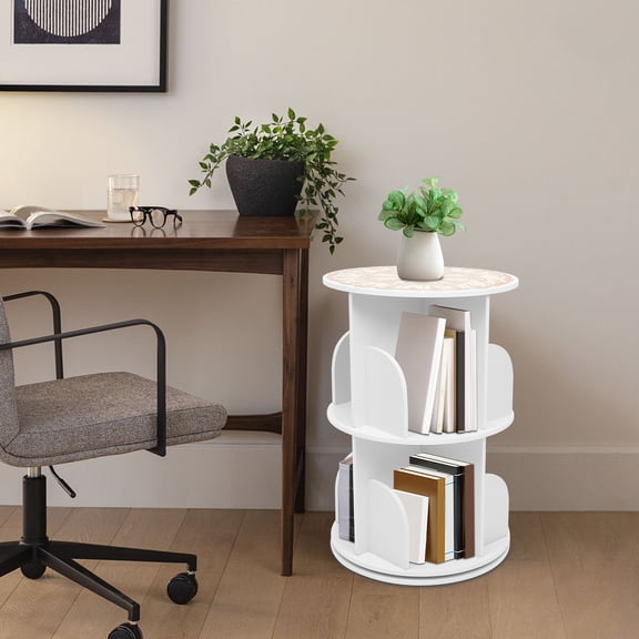 Peakora 2-Tier 360° Rotatable Book Shelf Freestanding White Bookshelves Multifunctional Storage Display Shelf Round Corners Bookshelf Organizer