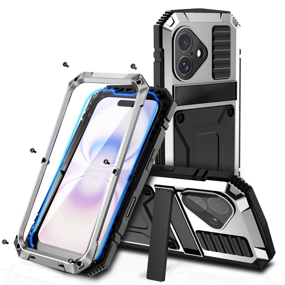 ELEHOLD for iPhone 17 Case,Outdoor Sports Rugged Heavy Duty Full Body Cover with Built in Tempered Glass Screen Protector Hidden Kickstand Shockproof Case for iPhone 17,Silver