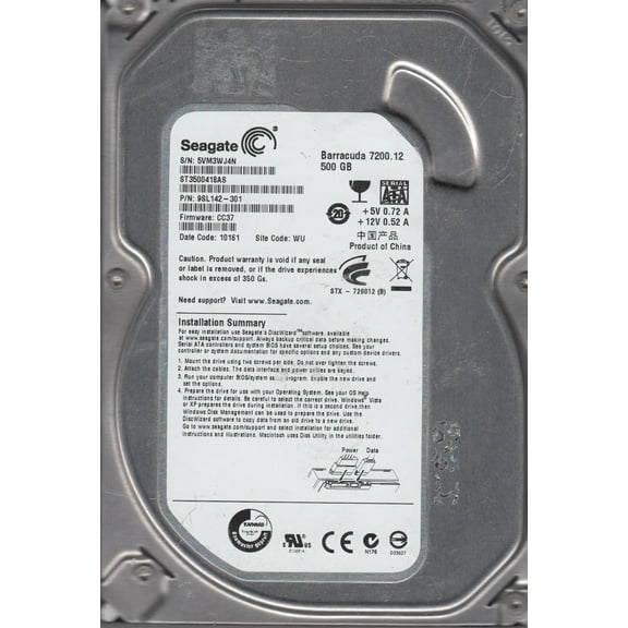 ST3500418AS, 5VM, WU, PN 9SL142-301, FW CC37, Seagate 500GB SATA 3.5 Hard Drive