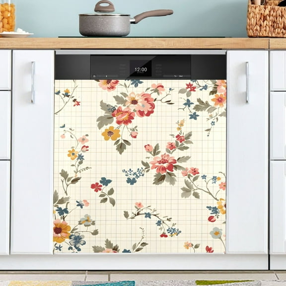 Ryvnso Floral on Checkered Dishwasher Magnetic Refrigerator Magnet Cover Kitchen Home Decorative 23"x26"