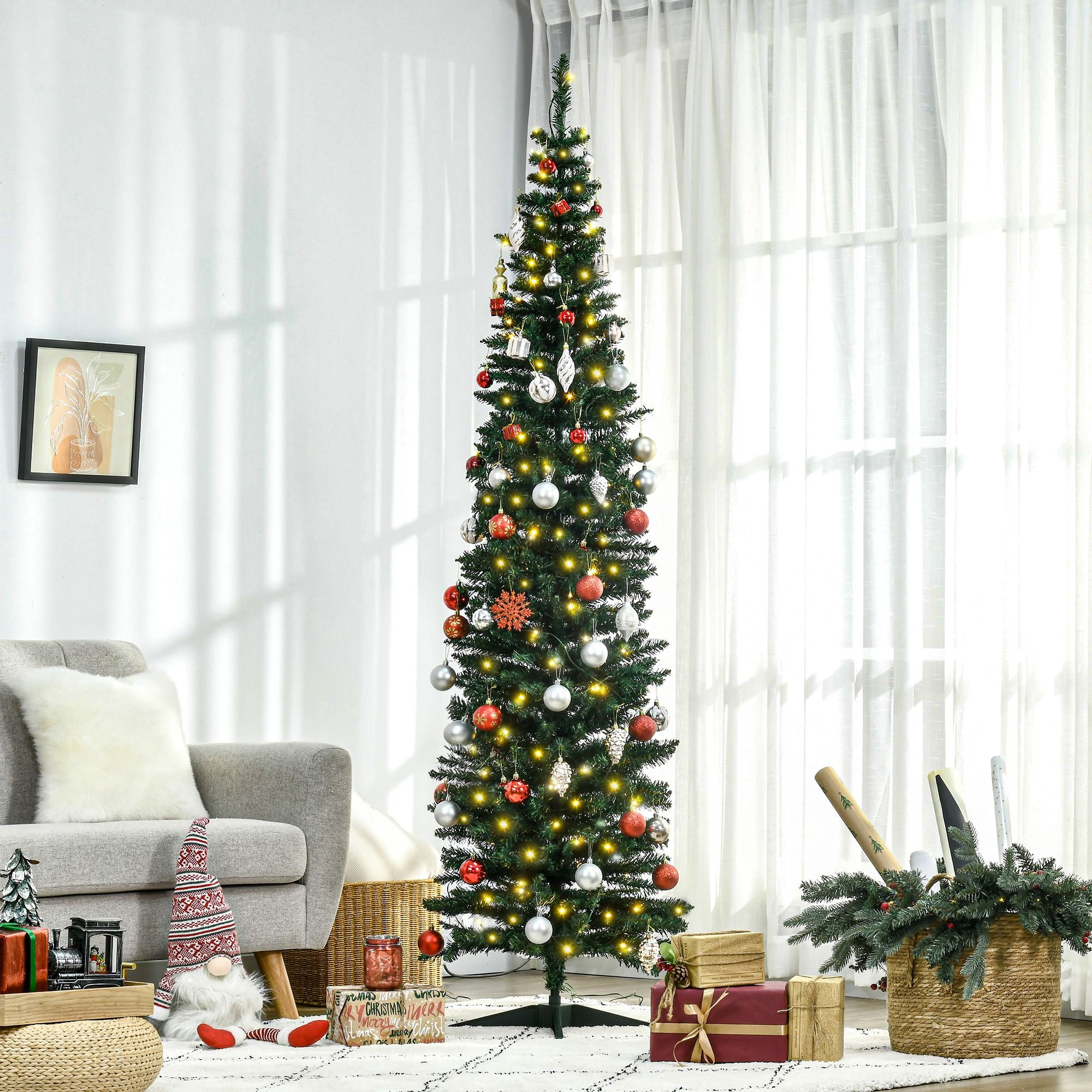 Pre-Lit Slim Artificial Pencil Christmas Tree, 7 ft Tall with Warm White LED Lights, 499 Tips, Flame Retardant, for Indoor Holiday Decoration