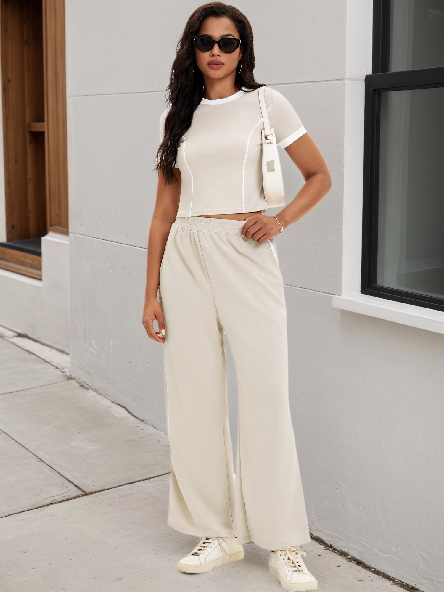 DARING DIVA Women 2 Pieces Set Crop Tops Wide Leg Pants Fall Outfits S Khaki