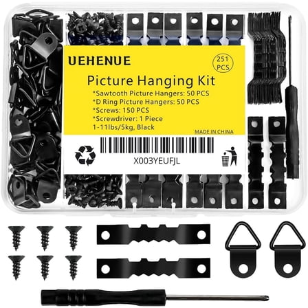 Januofit 251Pcs Picture Hanging Kit, Include 50 Sawtooth Picture Hangers, 50 D Rings, 150 Screws and Screwdriver, Heavy Duty Picture Frame Hanging Hardware for Wall, Artworks, Frame Canvas Mounting
