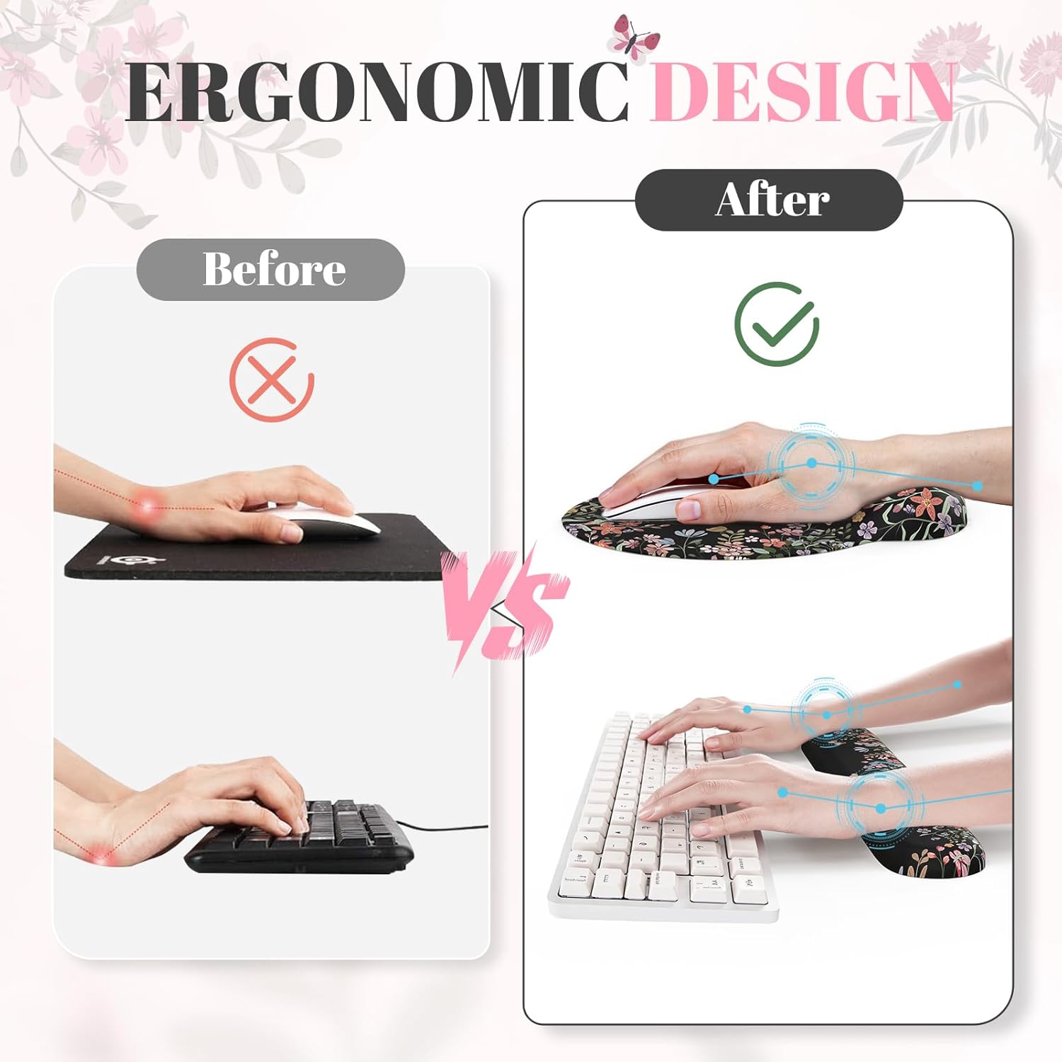 Desk Mat Set,Large Mouse Pad with Wrist Rest,Ergonomic Keyboard Wrist Support for Women,Girly Floral Computer Mat with Scalloped Edges,Non-Slip Desk Pad Home Office Gaming (Black)