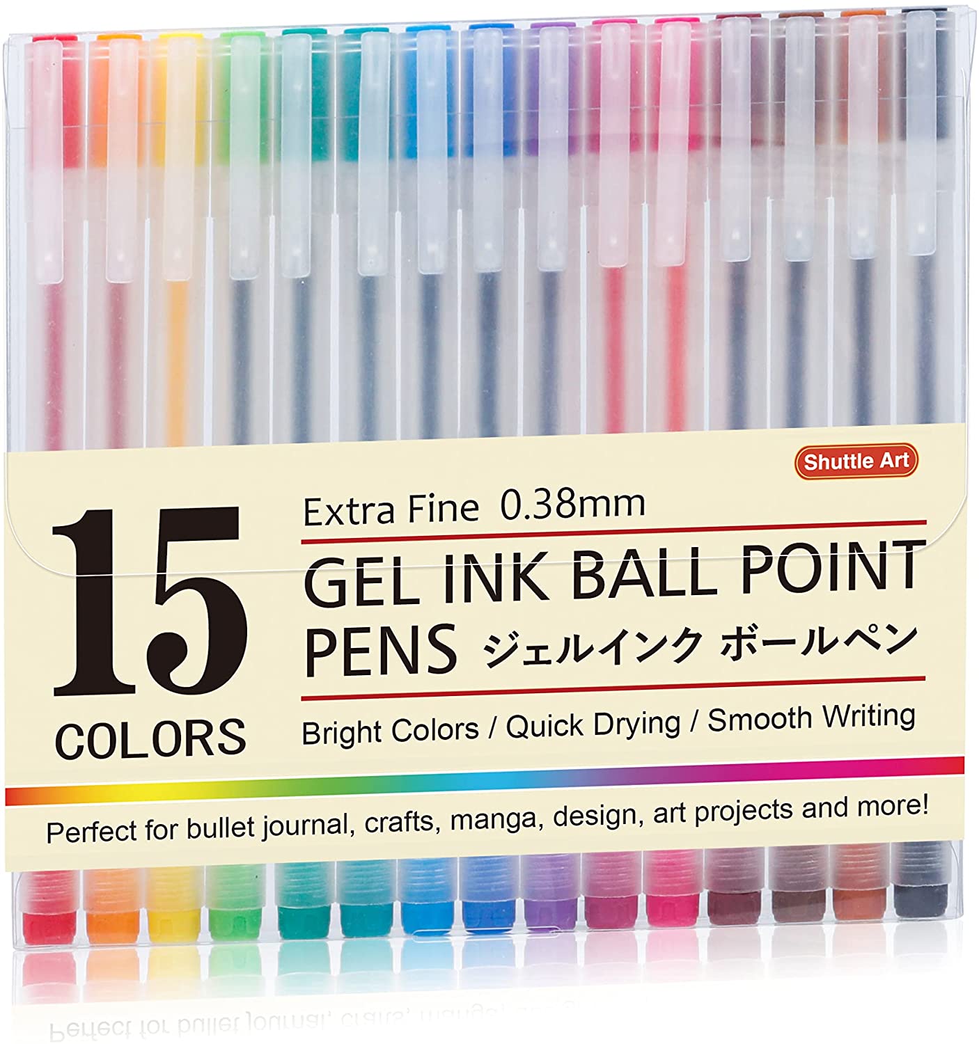 Gel Ink Ball Point Pens, Shuttle Art 15 Colors Japanese Style Pens, 0.38mm Extra-Fine Ballpoint Pens for Home, School and Office