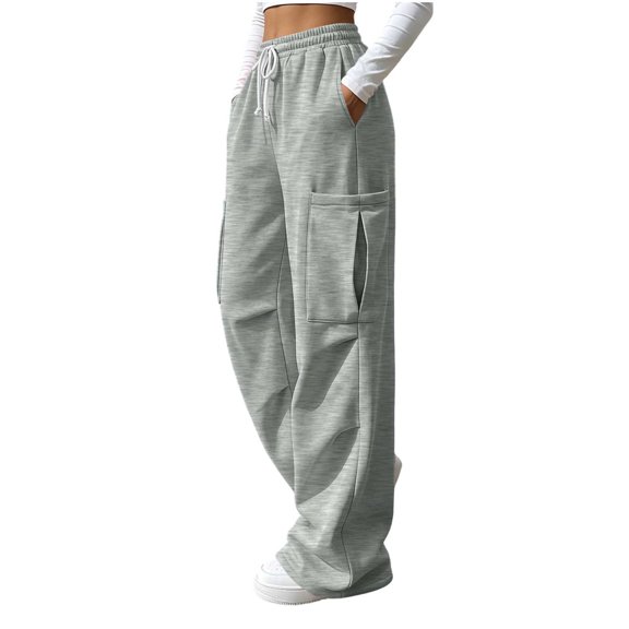 BAVIRRA Women's Drawstring Elastic Waist Cargo Wide Leg Sweatpants, Knit Flared Casual Pants with Large Cargo Pockets, Loose Streetwear Lounge Bottoms