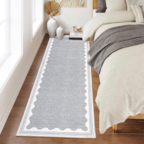 Washable 2x6 Runner Rug Gray Long Non-Slip Carpet Foldable Bordered Low Pile Stain-Resistant Indoor Accent Mat