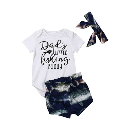 

Canrulo 3Pcs Baby Girl Boy Dad s Little Fishing Buddy Short Sleeve Romper Top Fish Shorts Headband Summer Outfits White 12-18 Months