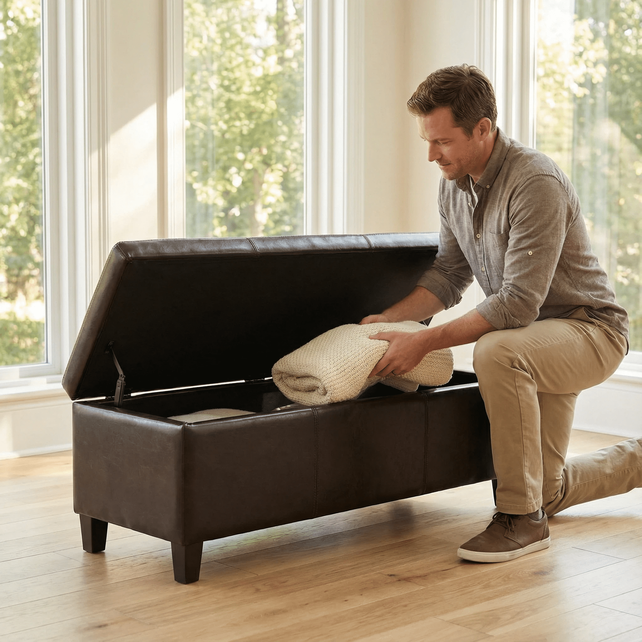 Storage Ottoman Bench, Rectangular Ottoman, Upholstered Bench with Safety Hinges and Large Storage, Solid Wood Frame Assembled for Living Room, Entryway, Family Room, Distressed Brown