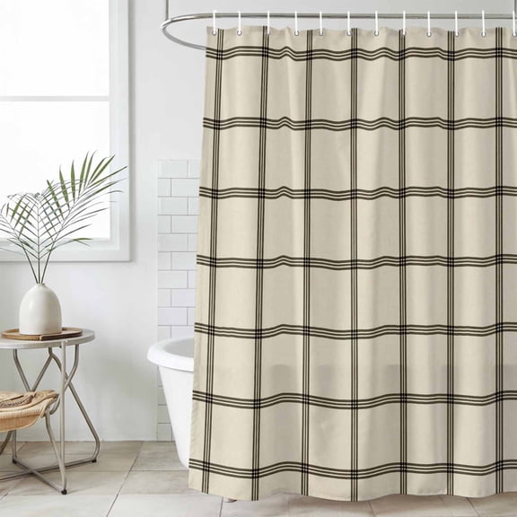 Linen Buffalo Check Long Shower Curtain Set, Waterproof Shower Curtains for Bathroom, Retro Black Lines Grid Pattern Washable Fabric Cloth Bath Curtain for Bathtub Decoration with Hooks 72x84 Inches