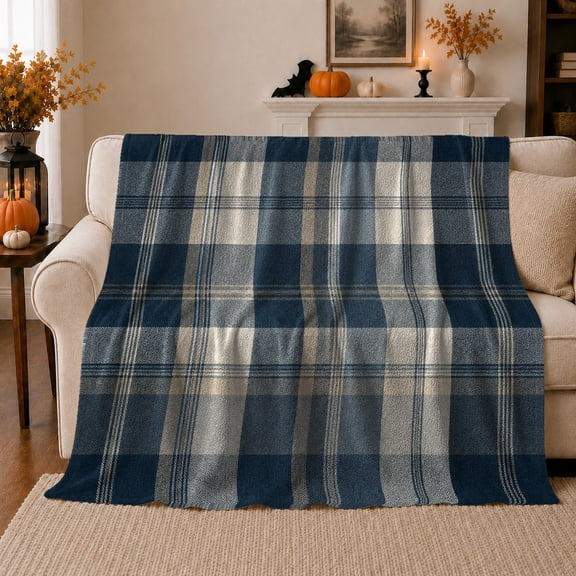 Rustic Autumn Plaid Living Room Navy Cream, Cozy Artistic Scene, Warm Flannel Blanket for Home Library and Reading Nook, Art Lovers Thanksgiving Gift, Artistic Home Decor