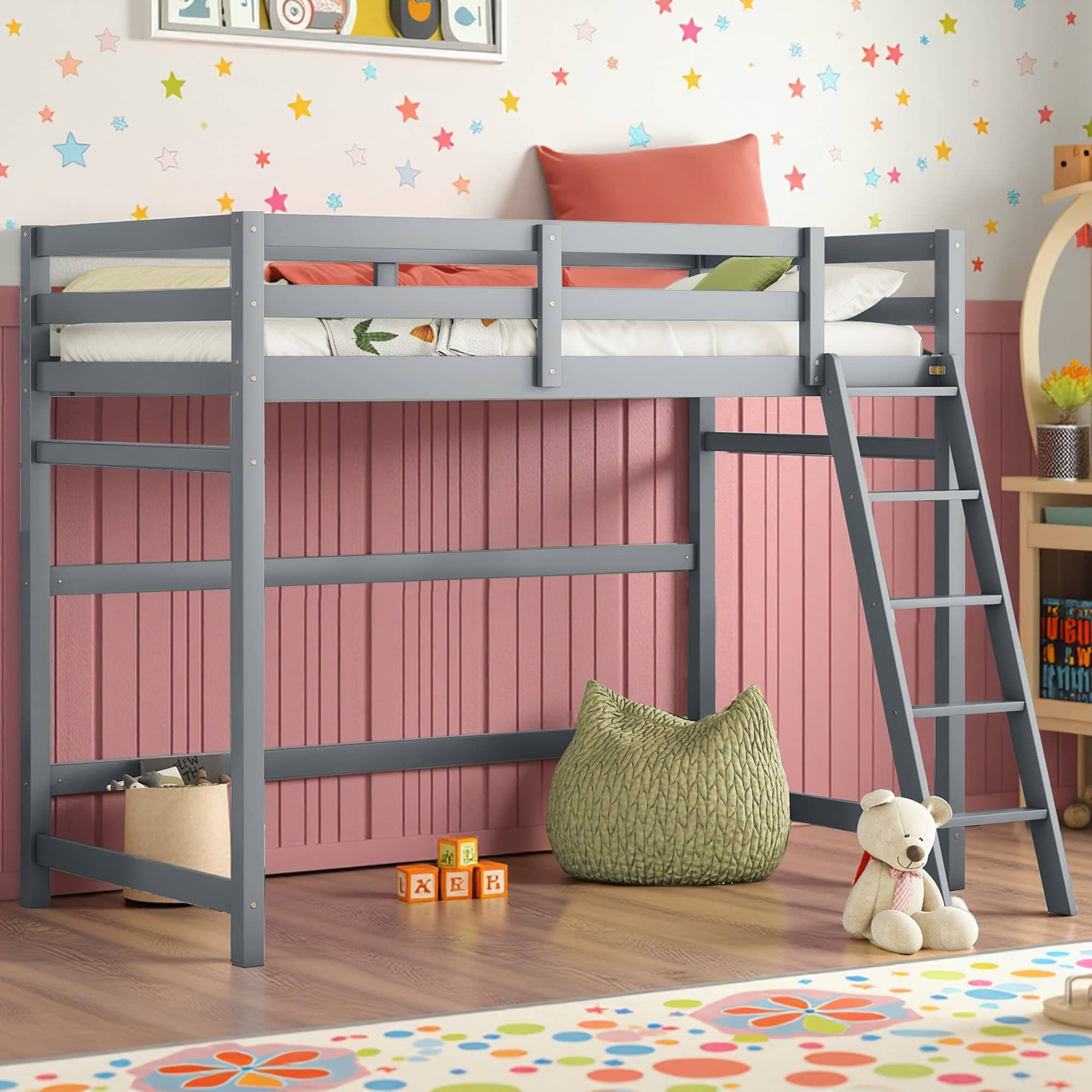 MAYEERTY Twin Size Loft Bed with Inclined Ladder, Guardrails, Grey