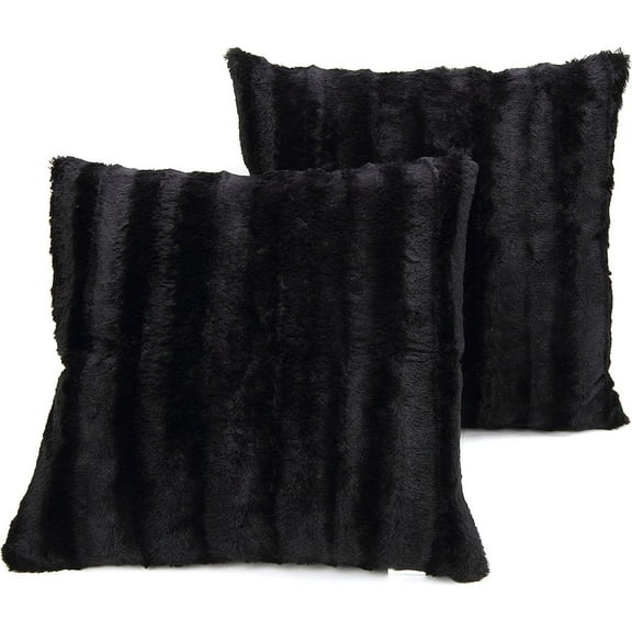 Faux Fur Throw Pillows - Set of 2 Decorative Couch Pillows - 18" x 18" - Black