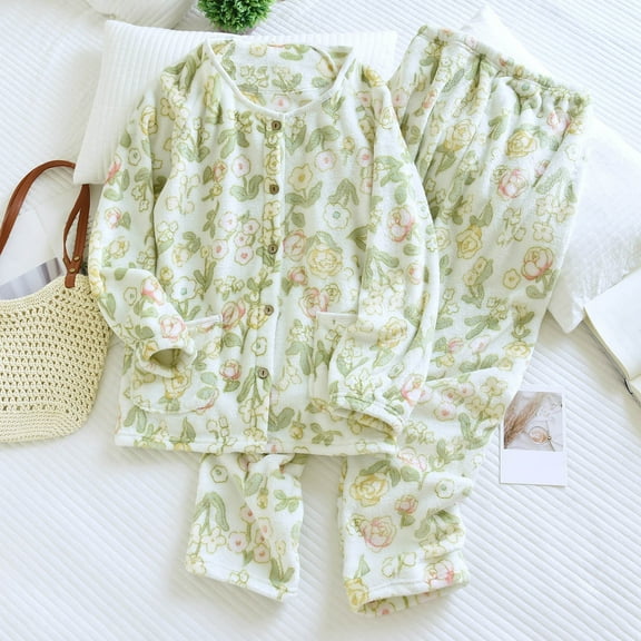 uublik Pajama Sets Women Soft Comfy Fleece Pjs Pullover Pants Loose 2 Piece Sleepwear Green