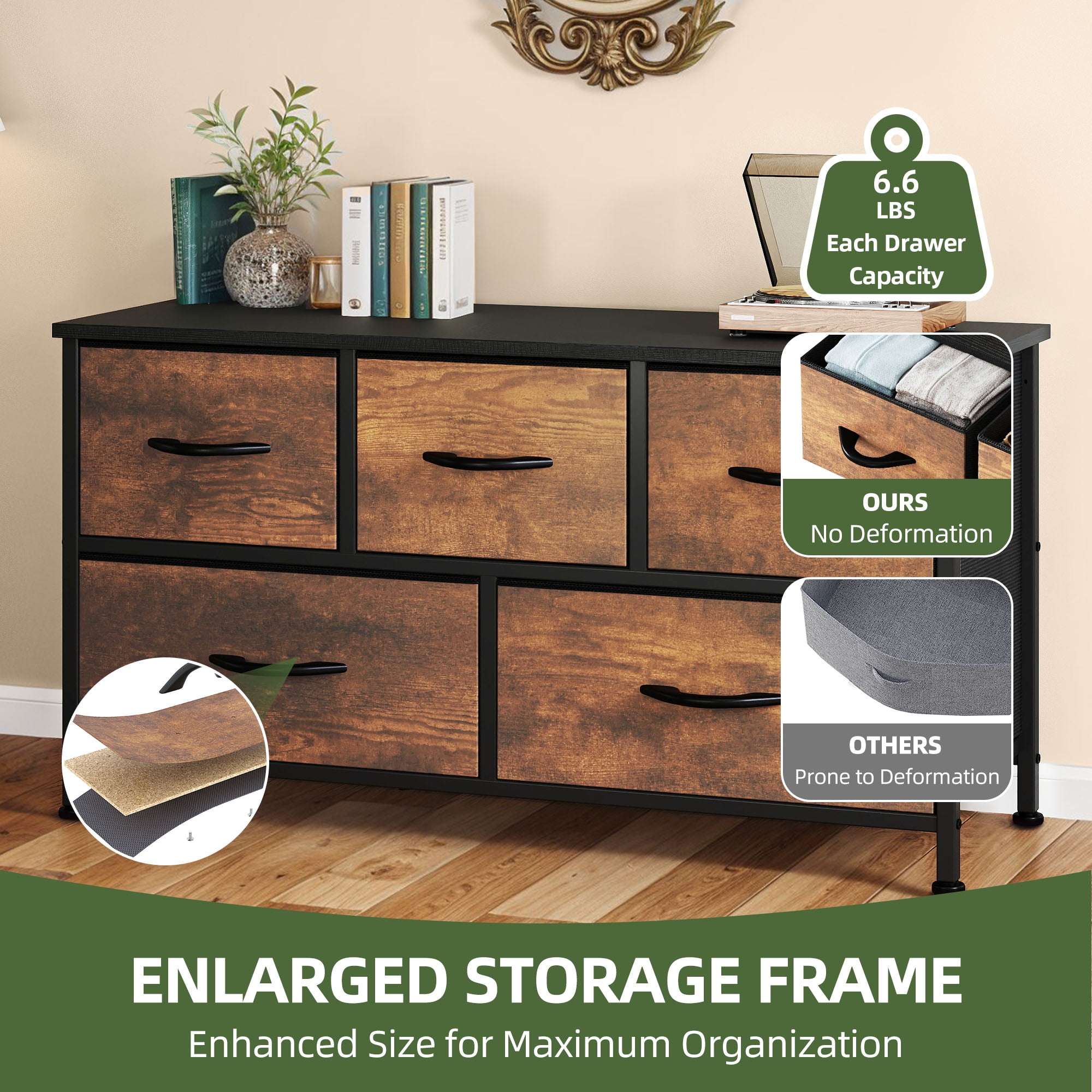 Uforic 5 Drawer Dresser for for Adult, Fabric Wide Chest of Drawers Nightstand Storage Tower Wooden Top, Brown
