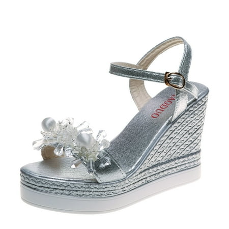 

Womens Sandals Fashion Summer Women Sandals Wedge Heel Platform Crystal Buckle Lightweight And Comfortable Women S Sandals Pu Silver 37