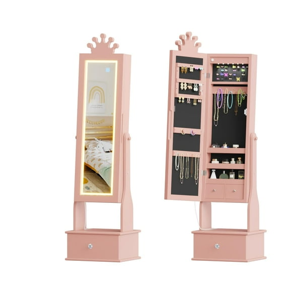 GloryStar Armoire à Bijoux pour Enfants de 46 Pouces avec Miroir – Miroir Pleine Longueur pour Coiffeuse, avec Lumière DEL et 3 Tiroirs de Rangement, Idéal pour Filles