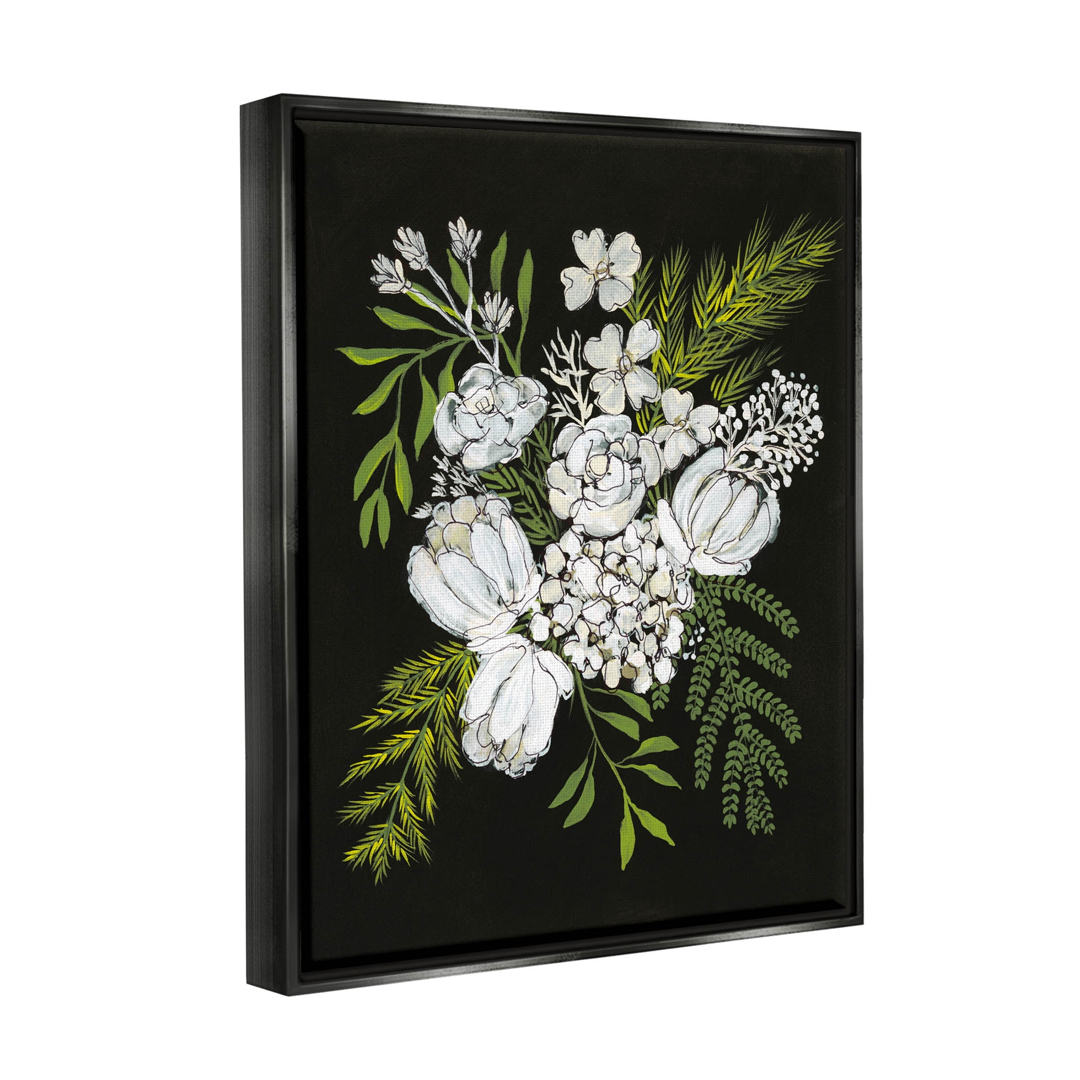 Stupell Industries Blooming White Flower Arrangement Design Graphic Art Jet Black Floating Framed Canvas Print Wall Art, Design by Regina Moore