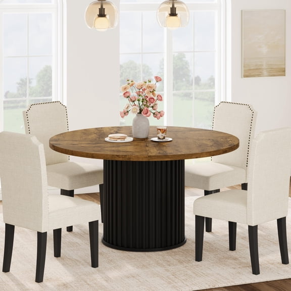 47" Round Dining Table for 4-6 People, Kitchen Table with Sturdy Waveform Metal Pedestal Base, Farmhouse Circle Dinner Table for Dining Room, Kitchen, Retro Color