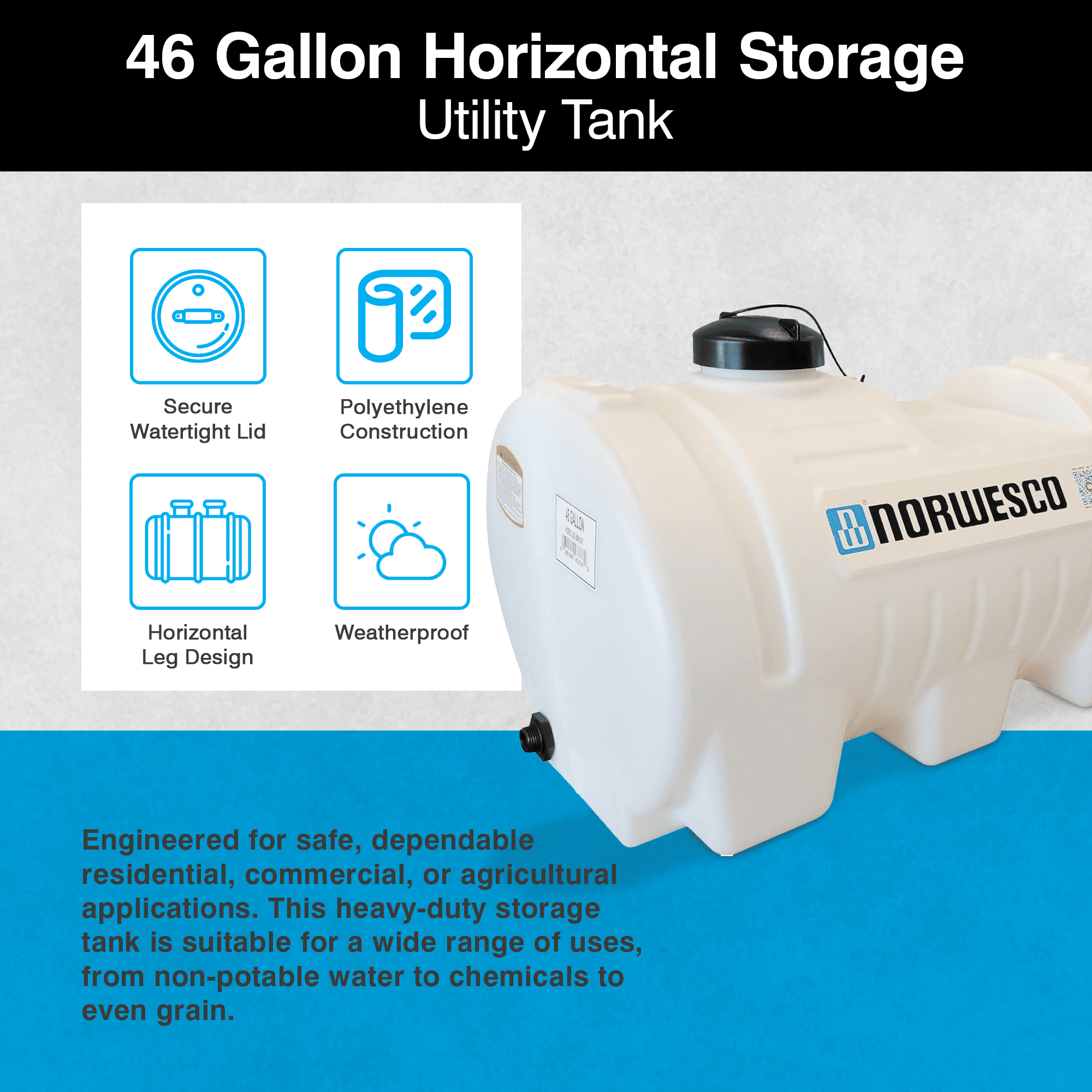 Norwesco Horizontal Leg Utility Tank, Water Storage Container, 46 Gallon Capacity, White