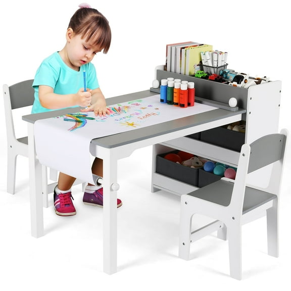 Arlopu Kids Drawing Table and 2 Chairs Set, Toddler Activity Table with 4 Storage Bins, Storage Shelves and Paper Roll