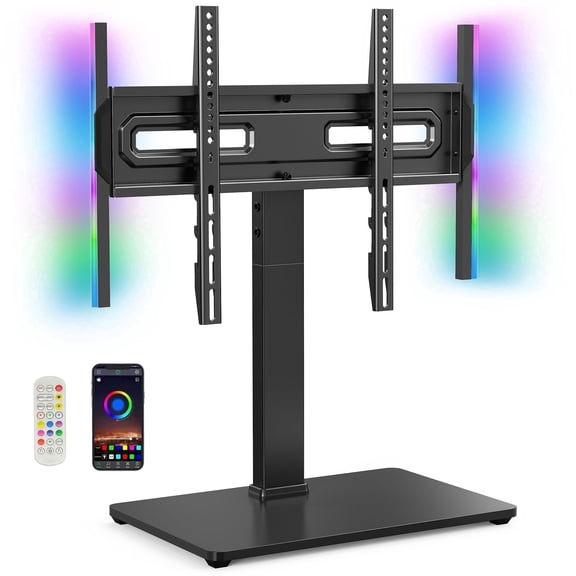 MountFTV Universal TV Stand with LED Lights for 32-70 inch TVs, Holds up to 88 lbs, Max 400x400mm, 9 Height Adjustable Table Top TV Stand Mount with 35° Swivel and 8° Tilt