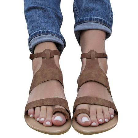 

eczipvz Walking Shoes Women Womens Flat Sandals Summer Bohemian Beach Flats Elastic Ankle Strap Comfortable T-Strap Thong Flip Flops