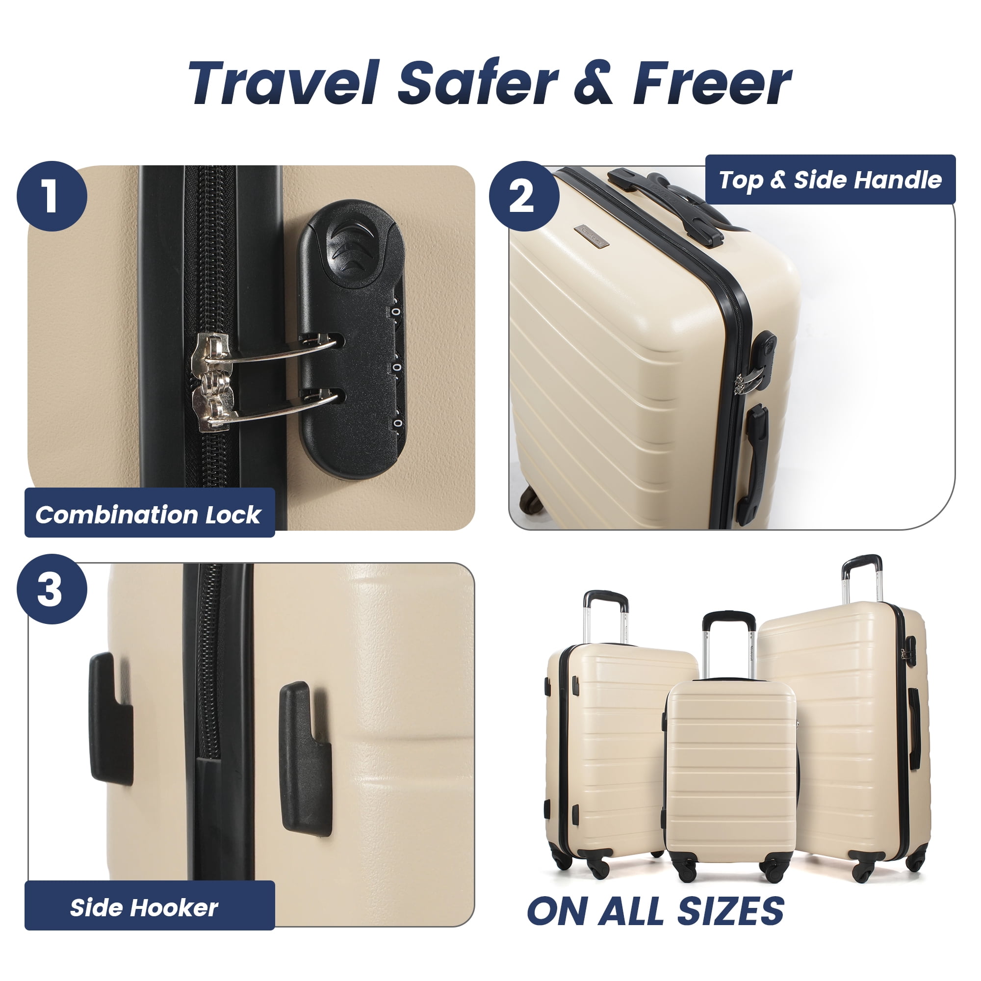 NiceTravel Luggage Set (20/24/28 inch),Hard-shell suitcase with Cup Holder(20"), Combination Locks & 360° Spinner Wheels, Beige