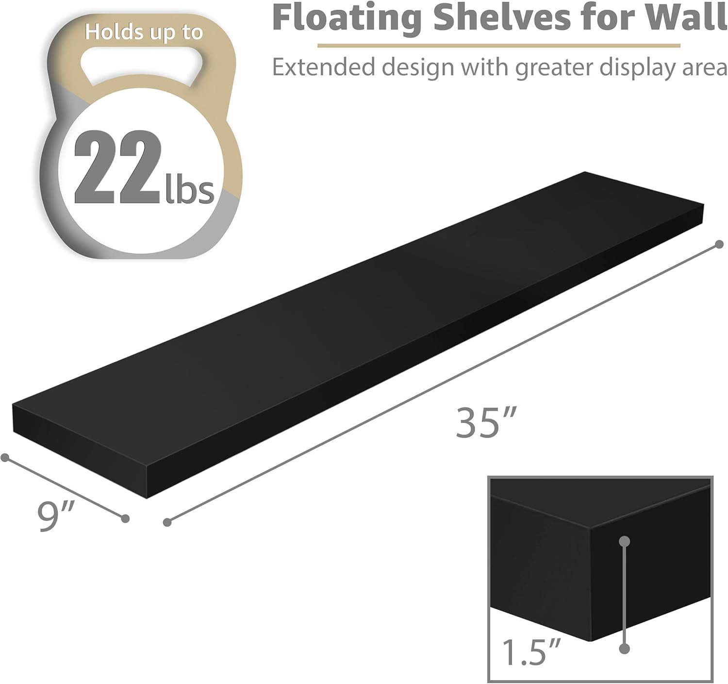 CHTER Floating Shelves for Wall - 35 Inch Long Bathroom Shelves, Wall Decor for Bedroom, Kitchen, Living Room & Book Storage - Mounted Floating Shelf with Invisible Brackets (Black, 2 Pack)